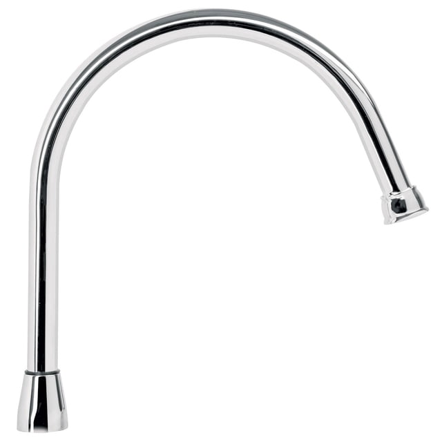 cuello de repuesto para fregadero, aqua foset alto en acero inoxidable plateado con diámetro de conexión 19 mm, vista frontal en arco con aerador visible y acabado en triple capa de cromo; compatible con mezcladoras AQF-81 y AQF-82; también suele usarse para renovar grifos de cocina.