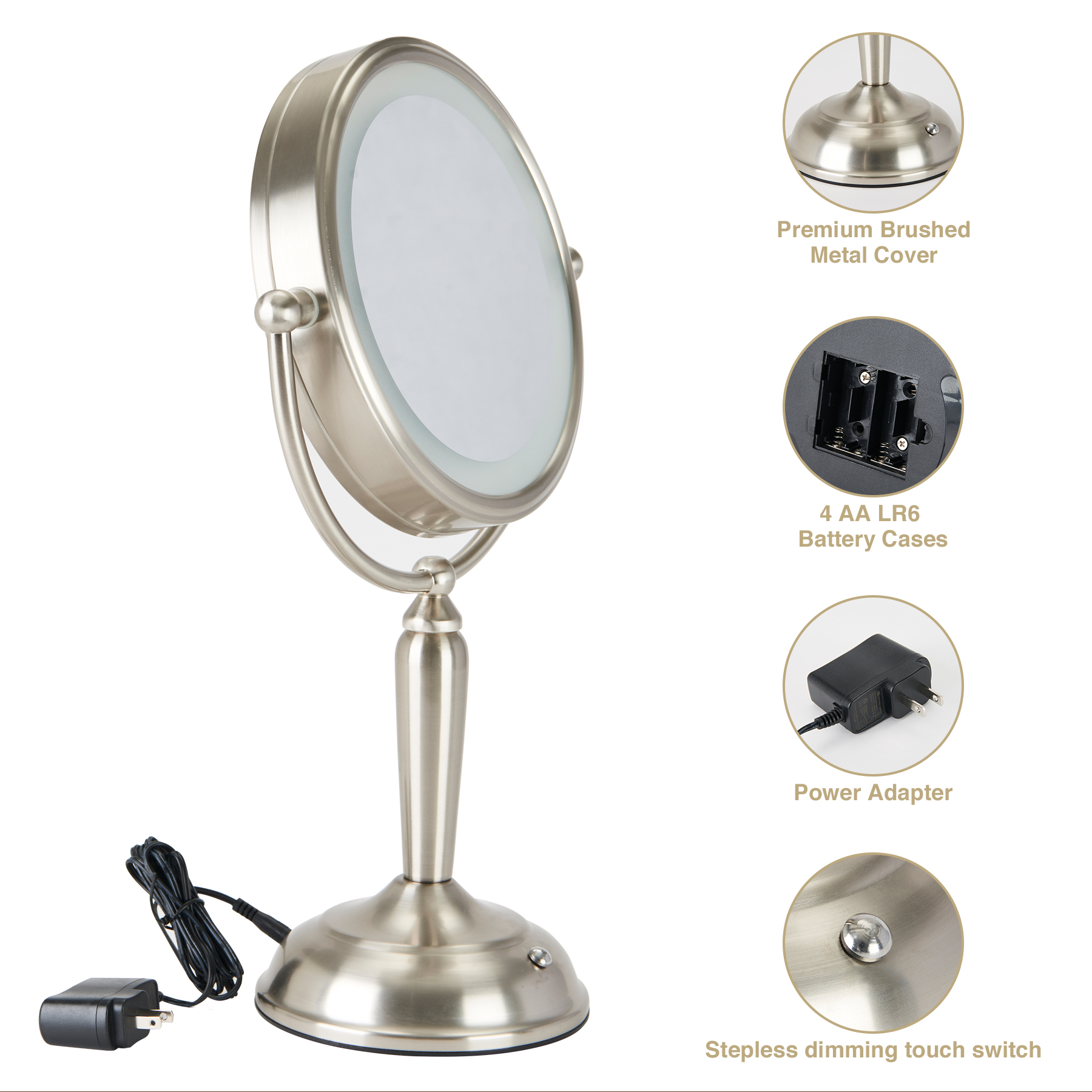 1X / 8X Magnification Lighted Mirror Lamp in Brushed Nickel Finish
