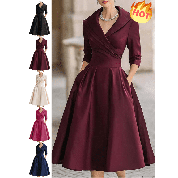 Mifsaly Long Sleeve Wedding Guest Dress Women V-Neck Winter Cocktail Dresses A-Line Tunic Evening Party Elegant Gowns with Pockets S