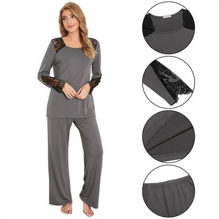 

Pajama Set for Women Long Sleeve Sleepwear Lace Nightwear Soft Nightgown Top + Pant Gray XXL