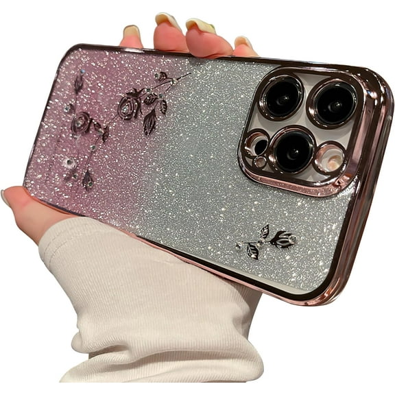 for iPhone 15 Pro Max Glitter Clear Case for Women Girls Cute Flower Bling Sparkle Phone Case Luxury Plating Camera Lens Cover Protection Soft Silicone Shockproof Cover 6.7 inch (Pink)