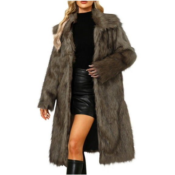 Idoravan Winter Fur Coats for Women Faux Womens Ladies Warm Faux Furry Long Coat Jacket Winter Solid V-neck Outerwear Dark Gray M