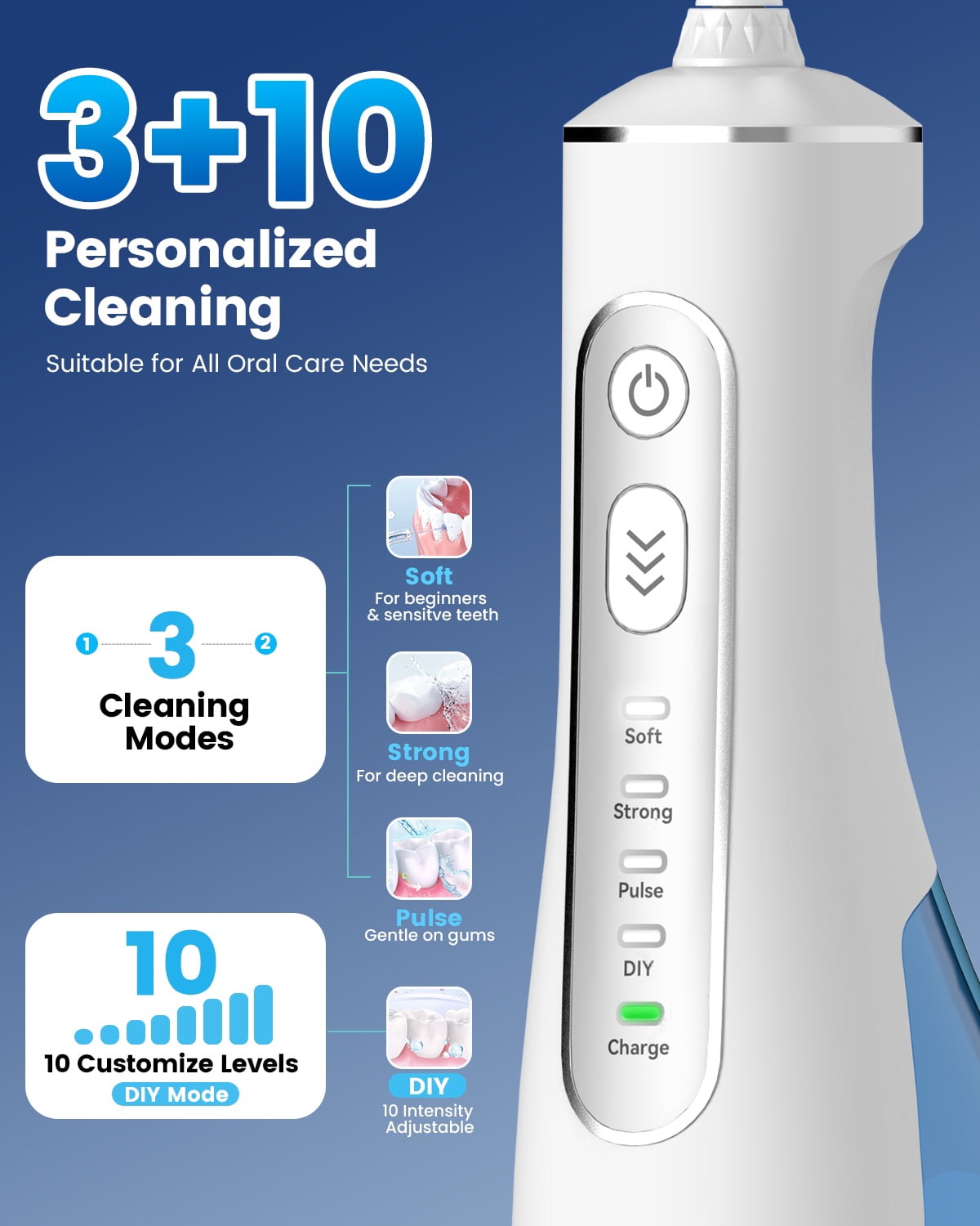 JTF Cordless Water Flosser for Teeth: 3 Modes & 10 DIY Pressure Levels Portable Oral Irrigator for Braces & Sensitive Gums with 9 Tips & 300ML Tank, Rechargeable Electric Dental Pick for Home Travel