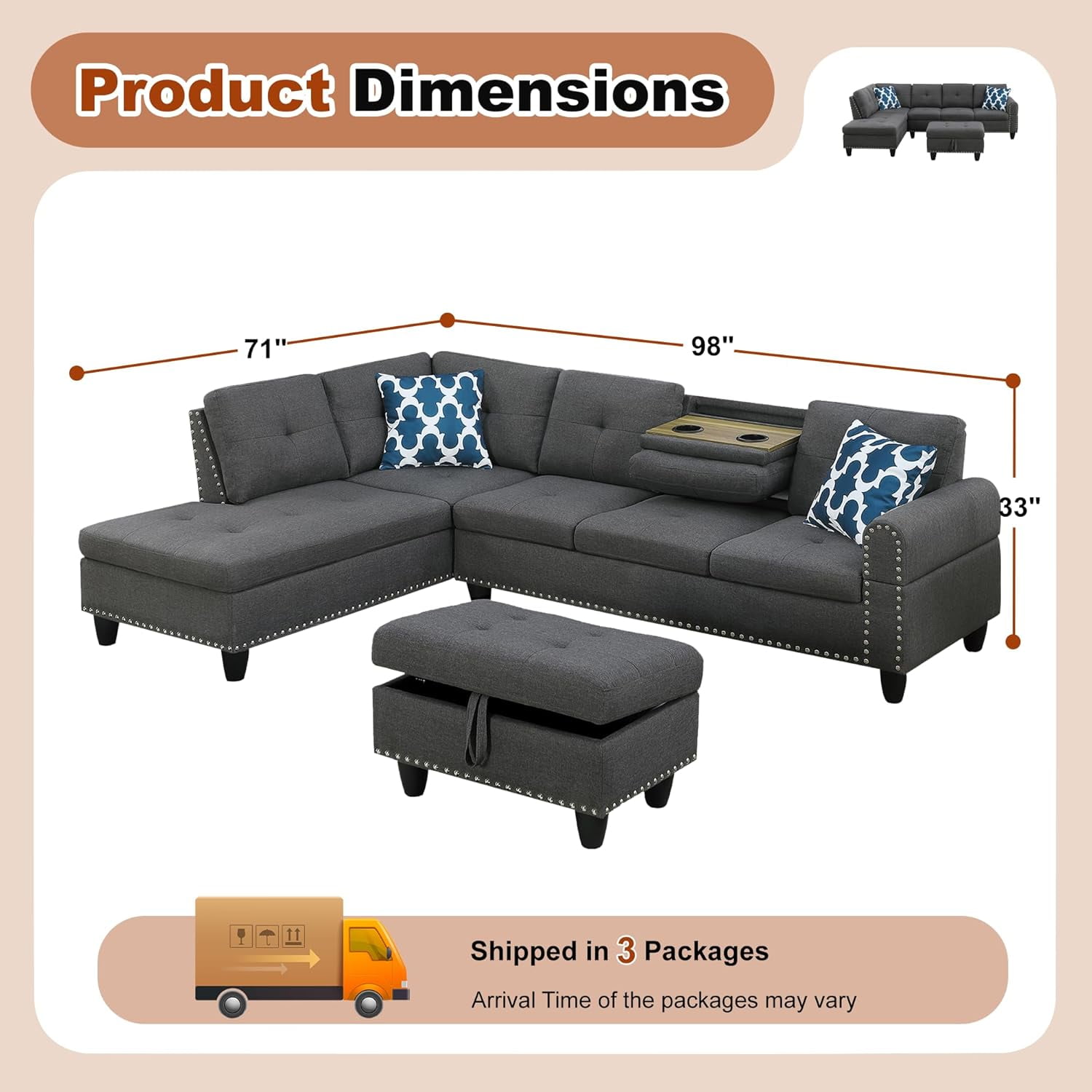 AENKYO 98" L-Shaped Sectional Sofa with Reversible Chaise, Storage Ottoman & Cup Holders, Dark Gray