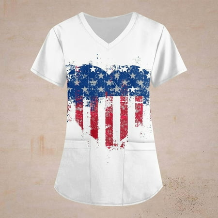 

TKing Fashion Womens Summer Plus Size Independence Day Short Sleeve V-Neck Printed Tops Scrub Loose Working Uniform T-Shirt with Pocket White XL