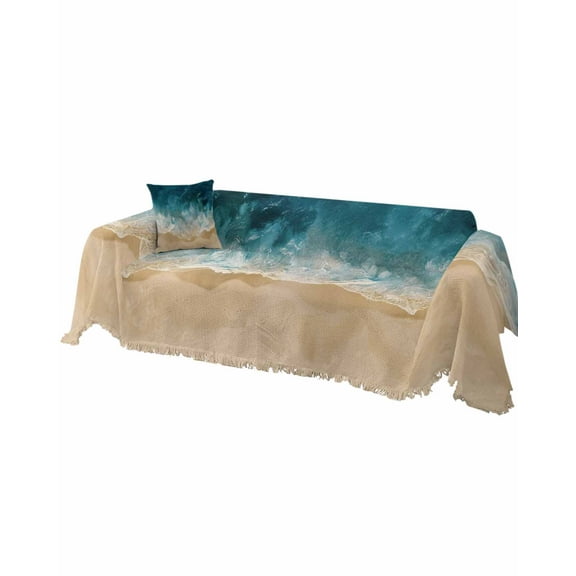 Teal Coastal Sofa Covers for 3 Cushion, Washable Couch Cover for Sectional Sofa Slipcovers with Tassel, Summer Beach Nautical Saeside Loveseat Covers Futon Cover Blanket 71''x118''