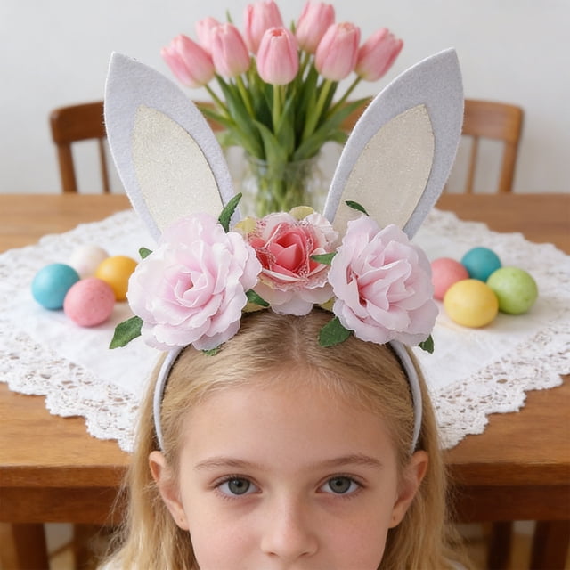 Diadema con orejas de conejo y tocado de flores para fiesta infantil, accesorio para el cabello de Pascua, diadema de plástico