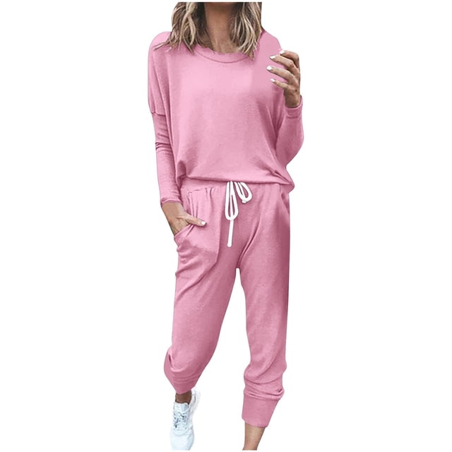 Womens Long Sleeve Color Block Outfit Set - Crewneck Top & Pants - Casual, Elastic Waist, Printed Design - S-XXXXXL Sizes