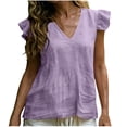 thumbnail image 2 of Ailaofu Women's V Neck Ruffled Sleeve Cotton Linen Vest, Solid Color Casual Summer Top, Lightweight Breathable Shirt, 2 of 8