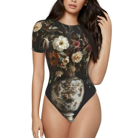 Gaeub Vintage Floral Vase A Print Women s Short Sleeve One Piece Swimsuit Sexy High-Waisted Bodysuit Bathing Suit for Swimming  Beach  Sports-Medium