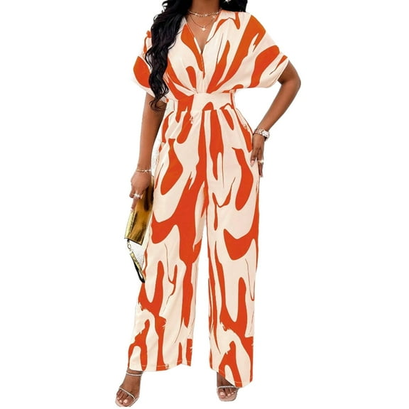 Coloody Women's Jumpsuits for Women V Neck Print Dressy Casual Wide Leg Pants Jumpsuit Batwing Sleeve One Piece Romper Outfits