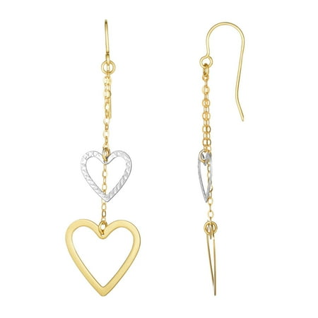 10K Yellow & White Gold Diamond Cut Open Heart Double Strand Drop Earrings with Euro Wire