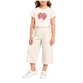thumbnail image 2 of HOMBOM Girls Summer Outfits Heart Print Crew Neck Short Sleeve Top with Side Drawstring & Elastic Waist Capri Pants 2 Piece Casual Set Age 2-10Y,White,3-4 Years, 2 of 6
