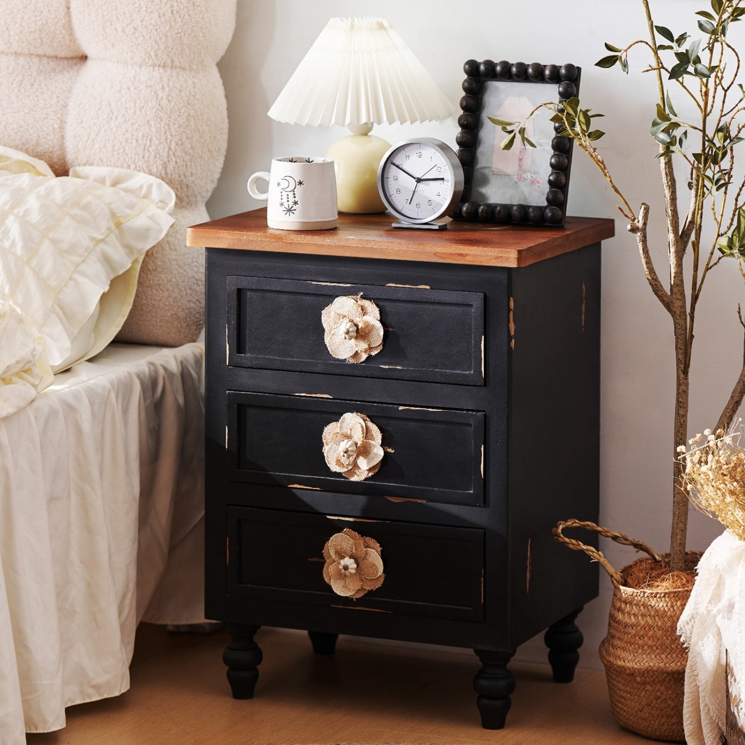 Vintage Farmhouse Nightstand, 3 Drawer Rustic End Table with Floral Knobs and Gourd Legs, Distressed Antique Black Bedside Storage Cabinet for Bedroom Living Room