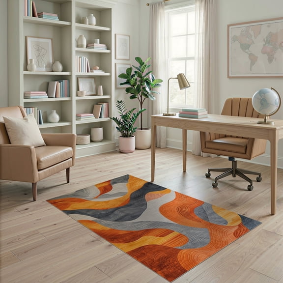ODIKA 4'x6' Machine Washable Non-Slip Area Rug, Chic Abstract in Burnt Orange and Slate Grey Design High Traffic Rug, Orange, 104662