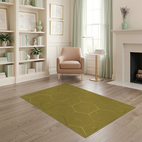 ODIKA 4'x6' Olive Green Hexagonal Geometric Washable Area Rug Modern Honeycomb Tessellation With Diamond Star Motifs Pet Friendly, Non-Shedding for Bedroom, Reading Nook