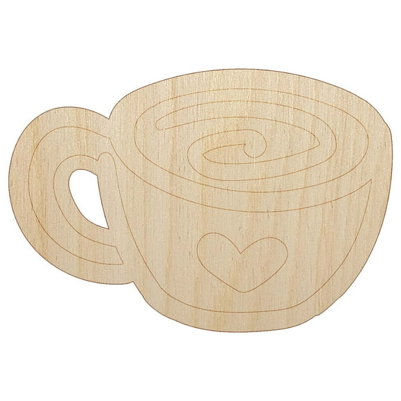 Swirly Latte Coffee Mug with Heart Wood Shape Unfinished Piece Cutout Craft DIY Projects - 4.70 Inch Size - 1/8 Inch Thick