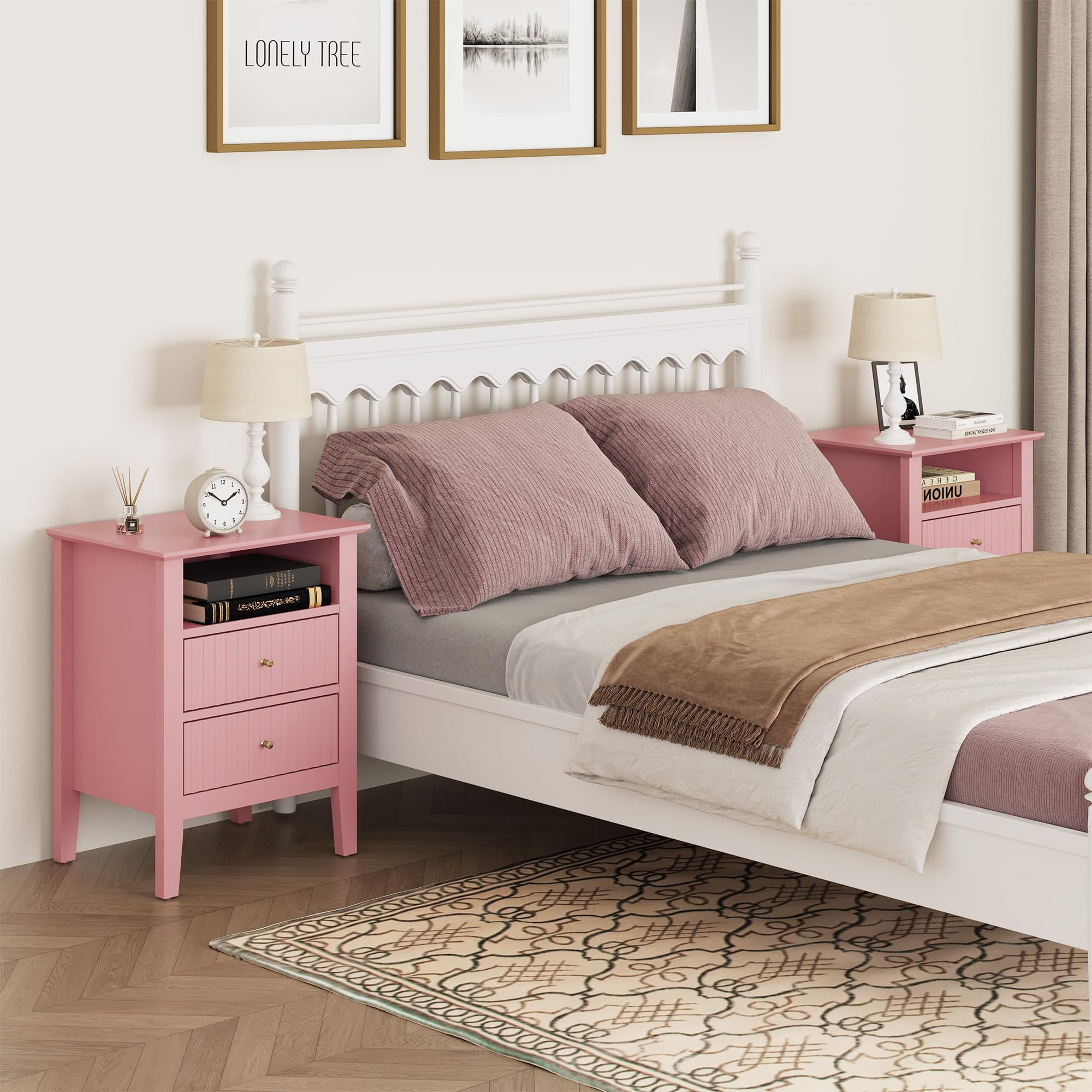 CozyHome Fluted Nightstand Set of 2, Modern Side Table with 2 Drawers & Storage Shelf, Wood End Table for Living Room, Bedroom, Pink