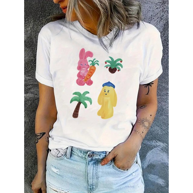 T-Shirt Mode Décontracté Col Rond Manches Courtes Polyester, Imprimé Animal en Peluche Créatif, Sports Simples, Tissu Tricoté Extensible Moyen, 180g/m2, pour Confort d'Été Fête des Pères, Fête des Mères