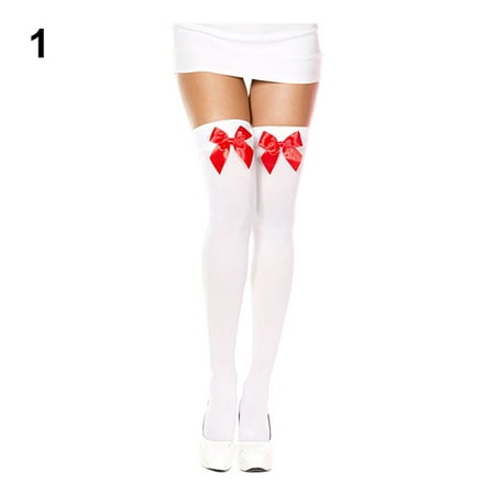 

Grofry Women Stockings Stretch Lace Bow Thigh High Stocking Over The Knee Socks White + Red Bowknot