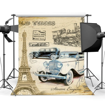 GreenDecor Polyster 5x7ft Photography Backdrop Eiffel Tower Vintage Car Locomotive Steam Train Old Times Oil Painting Travel Backdrops for Baby Kids Lover Portraits Background Photo Studio