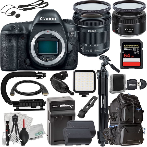 Ultimaxx Deluxe Canon 5D Mark IV DSLR Camera (International Model) with EF 50mm & 10-18mm Lenses Bundle - Includes: 64GB Extreme Pro Memory Card, 2x Spare Batteries & Much More (36pc Bundle)
