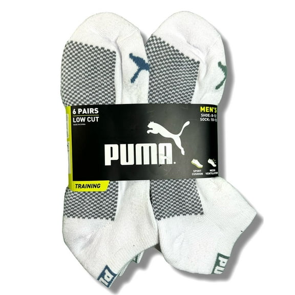 PUMA SOCKS MEN'S - LOW CUT - KIRO 253 - WHITE GREY - LARGE (10-13) PACK 6 XX