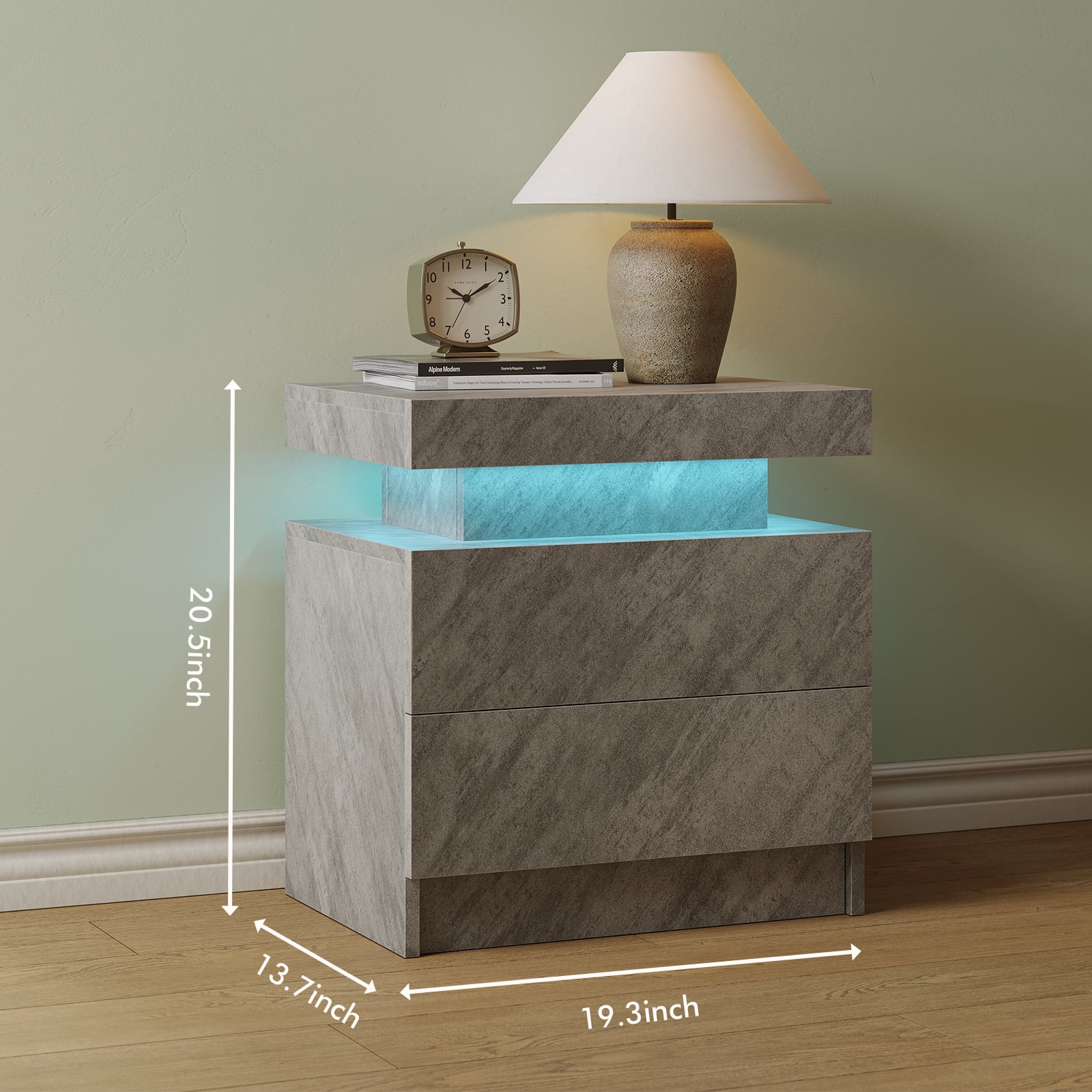 Cubehom Nightstand LED End Table Modern Bedside Table with 2 Drawers Wood Furniture for Adults Bedroom Living Room All Grey