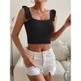 thumbnail image 5 of Camiseta sin mangas con tirantes y volantes para mujer, camiseta sin mangas con ombligo corto expuesto, delgada, acanalada, verano, 5 of 5