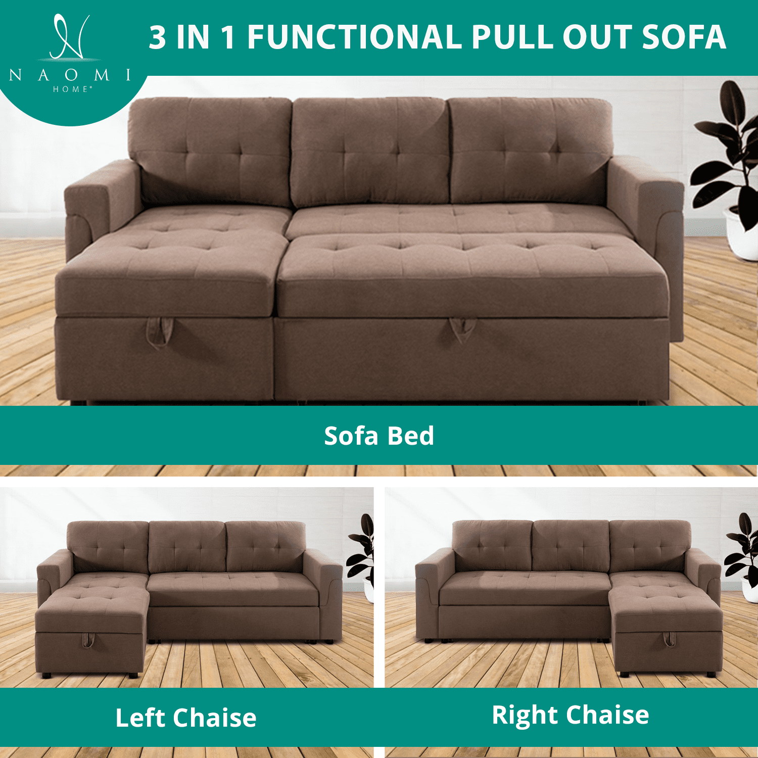 Naomi Home Sectional Sofa Sleeper with Storage Chaise, Tufted Pull-Out Couch with Storage, Sectional Sofa Bed, L-Shaped Reversible Sleeper Sofa with Storage, Mocha, Velvet