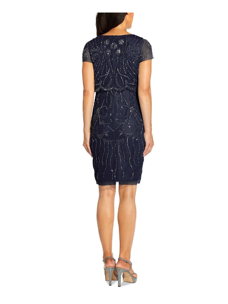 adrianna papell women's beaded cap-sleeve sheath dress Womens Navy Zippered Scalloped Overlay Short Sleeve Boat Neck Above The Knee Party 6 Size:Father XL this dress features a silk elastic satin Canyon Gown - Cloud