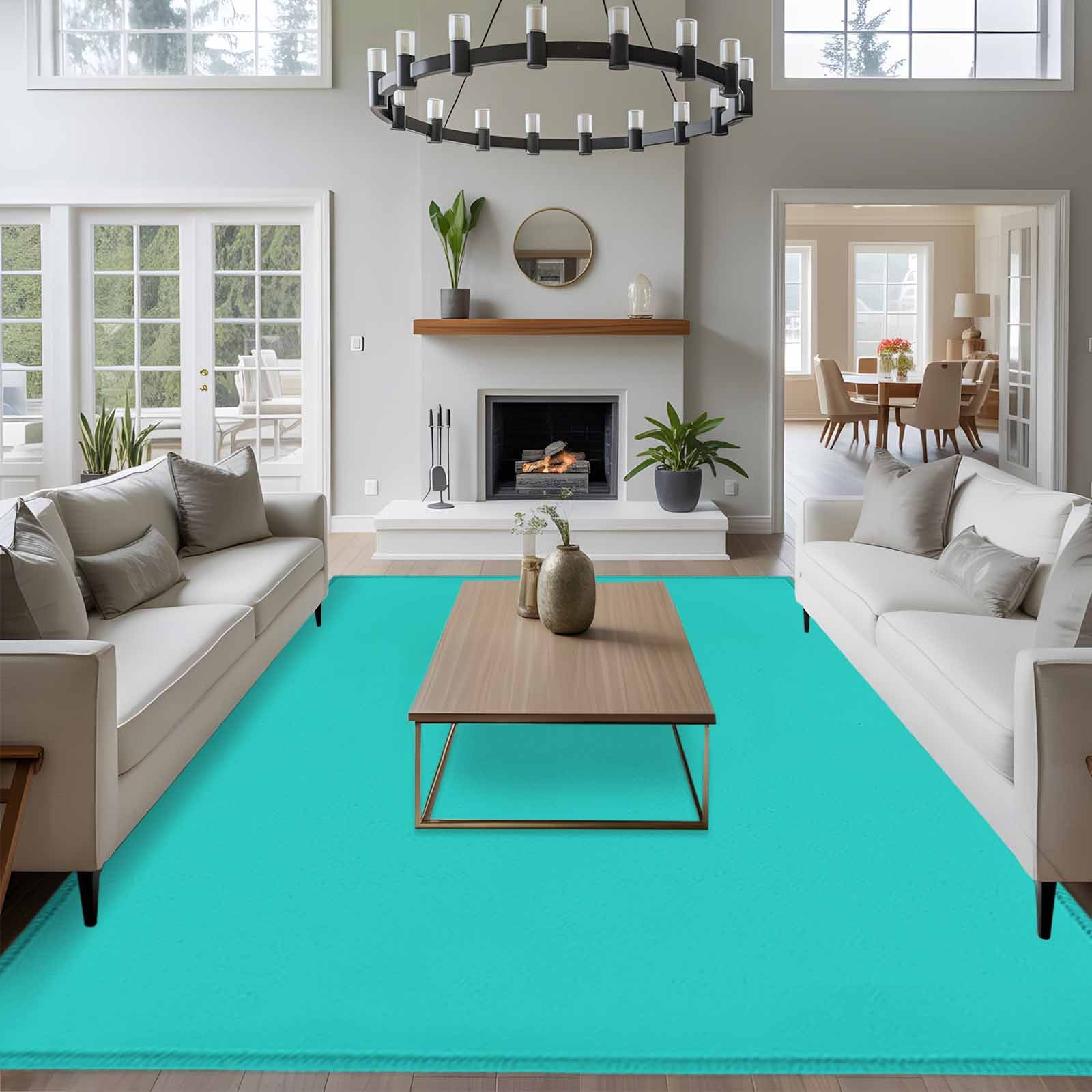 Turquoise Large Area Rug 8x10 FT, Non Slip Living Room Throw Carpet, Modern Pure Turquoise Washable Soft Indoor Outdoor Carpet Non-Shedding Rug for Bedroom Dining Room