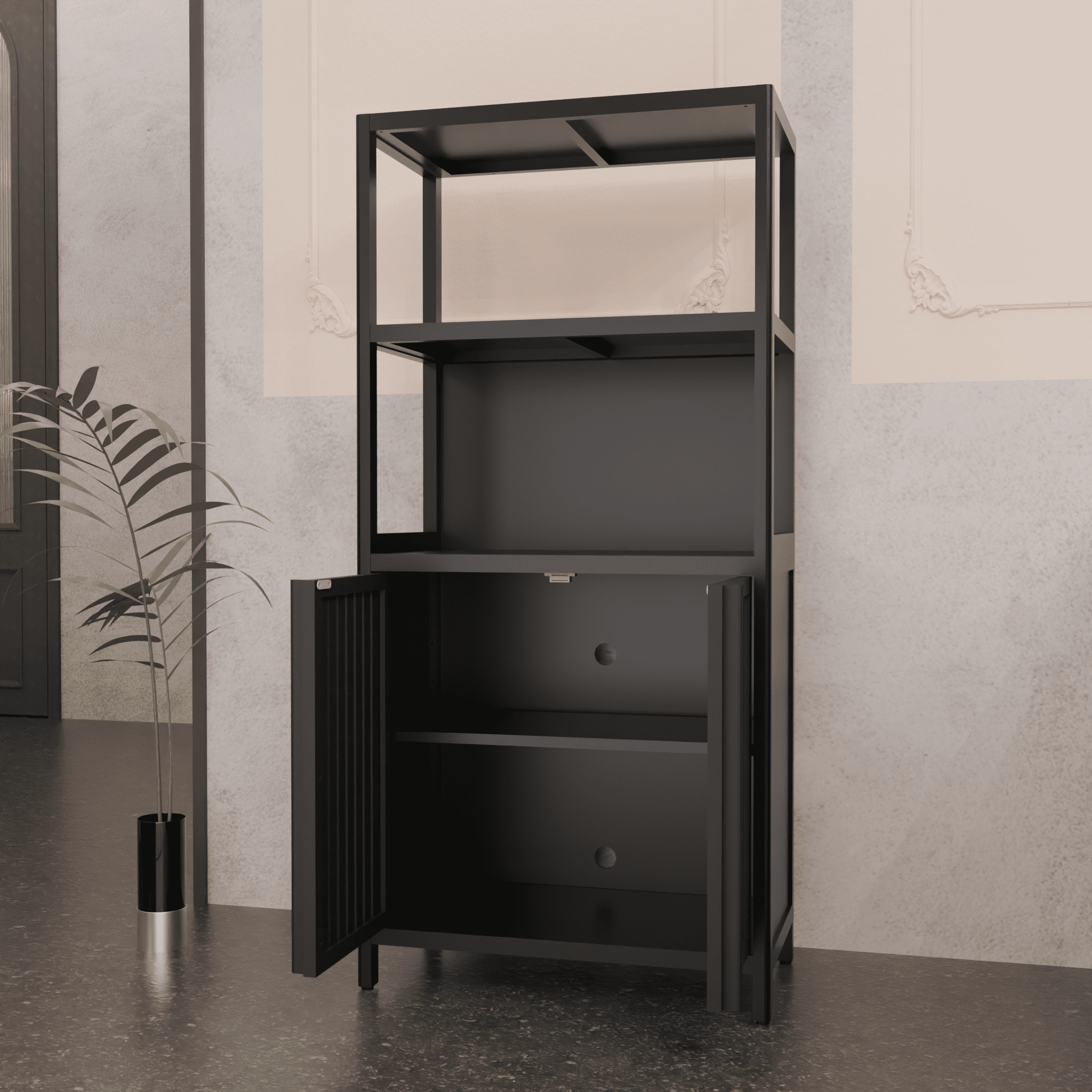 Yoneston 4-Tier Bamboo Bathroom Shelf Storage Cabinet, Freestanding Floor Cabinet with 2 Doors, Display Shelves for Living Room, Black