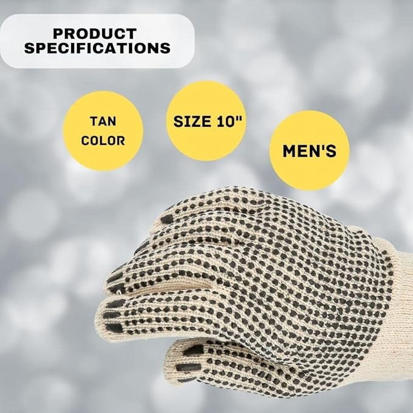 SSBM String Knit Work Gloves Men’s 10", PVC Dot, 24 Pairs, Tan, Cotton Blend, Reusable