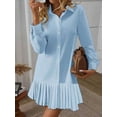 thumbnail image 4 of Baby Blue Womens Solid Pleated Shirt Dress With Collar, Front Button Closure, And Long Sleeves, 4 of 5