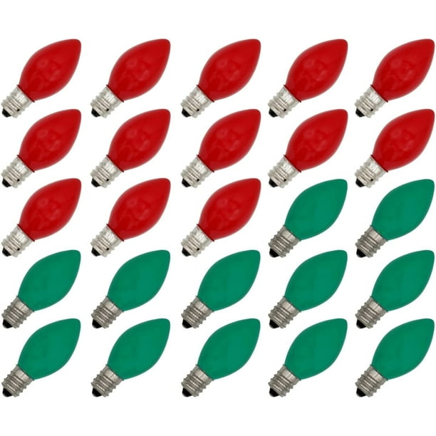 Box of 25 Light Bulbs, Ceramic Opaque Red & Green, Steady Burning, 7