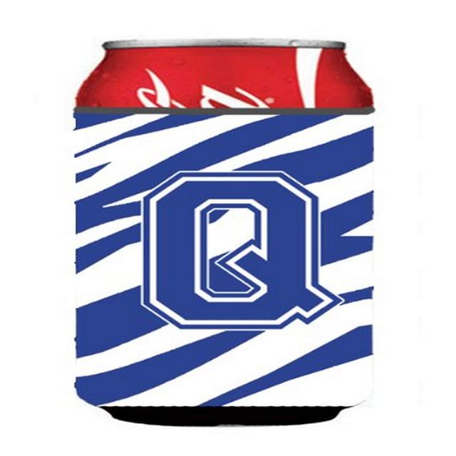 Monograma Inicial De La Letra Q - Aislante Para Bebidas Con Rayas De Tigre En Azul Y Blanco