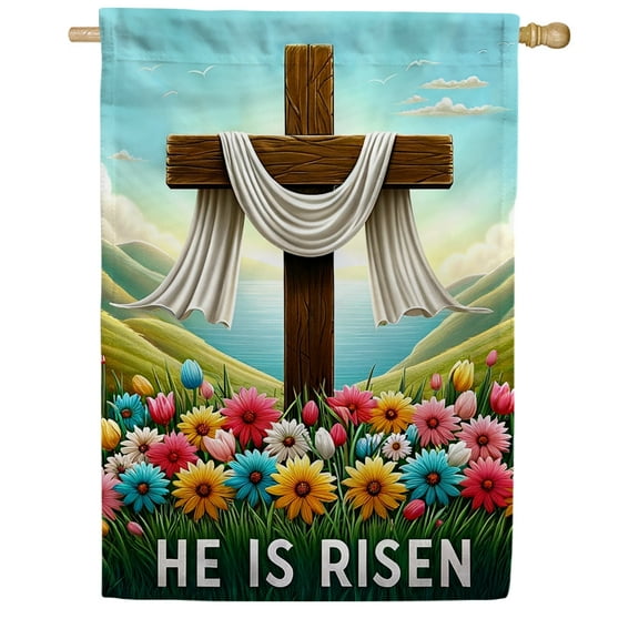 America Forever He is Risen Easter House Flag 28 x 40 inch Double Sided Religious Cross Daisies Floral Flower Farmhouse Spring Holiday Seasonal Easter Day Flags for Outdoor Yard Lawn Decoration