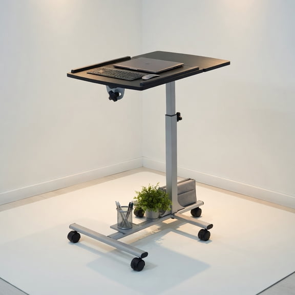 Resenkos Adjustable Height & Tilt Rolling Laptop Desk Stand – Heavy-Duty Steel Frame with Locking Casters, Black/White/Natural Finish