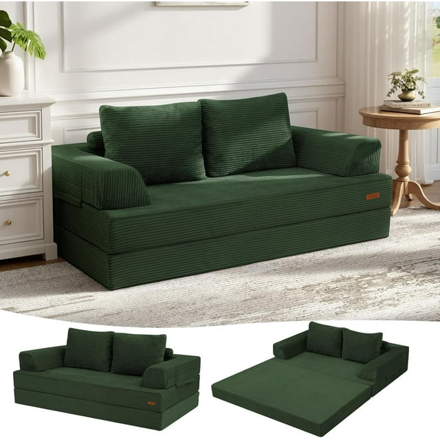Sofá Cama Convertible, Sofá Cama Futón Plegable De Pana con Almohadas, Sofá Deshuesado, Cómodo Sofá De Sala De Estar, Dormitorio, Verde
