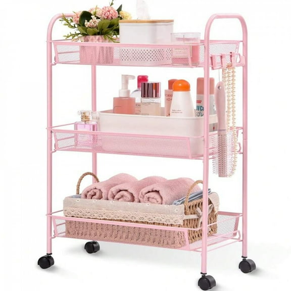YFLXDMLYYSC 3-Tier Metal Rolling Cart, Mesh Wire Easy Assemble Utility Cart, Storage Trolley On Wheels With 3 Hooks, MetalStorage Shelving Units