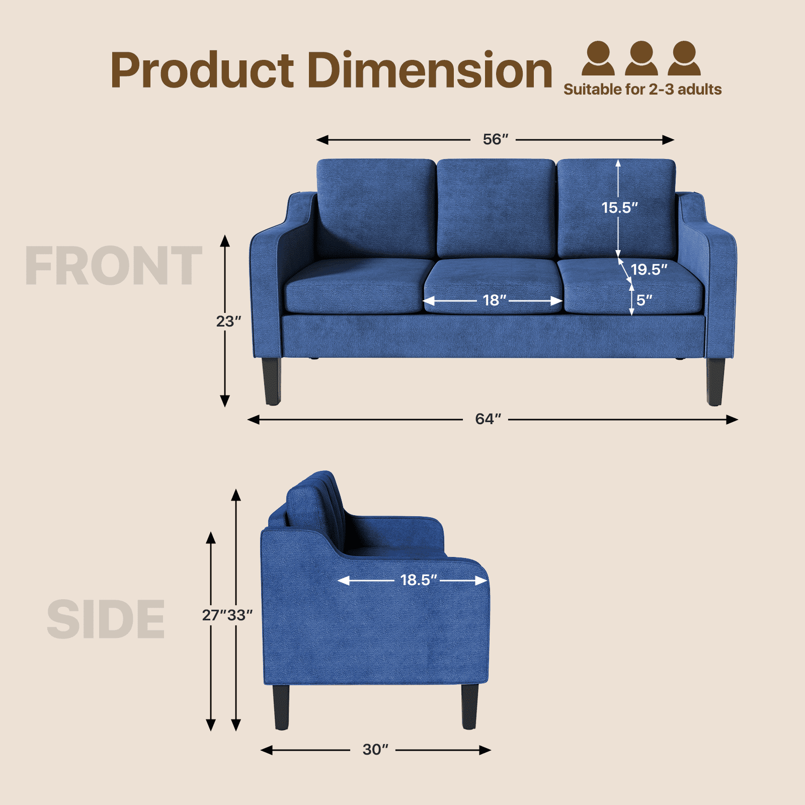 MoNiBloom 64" Apartment Sofa for Small Spaces | Modern 3-Seater Couch with Removable Cushions & Wooden Legs | Compact Living Room, Bedroom Furniture, Navy Blue