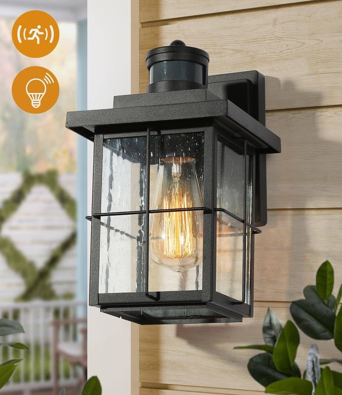 LNC Modern Motion Sensor Outdoor Wall Light with Seeded Glass, Dusk to Dawn Black Lantern