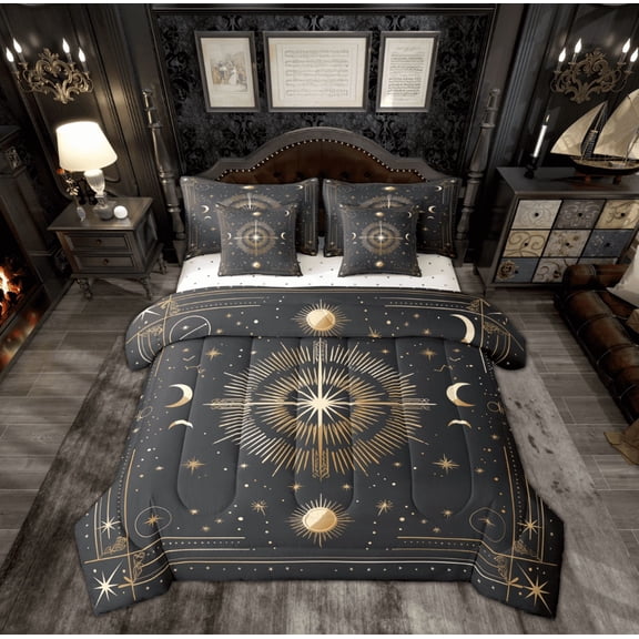Manfei Bohemian Stars Print Bedding Comforter Set 7pcs, Hippie Outer Space Queen Bedding Sets, Mystic Constellation Queen Sheet Sets, Breathable Home Decor