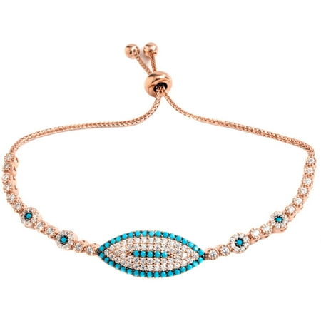 Pori Jewelers Turquoise CZ 18kt Rose Gold-Plated Sterling Silver Evil Eye Friendship Bolo Adjustable Bracelet