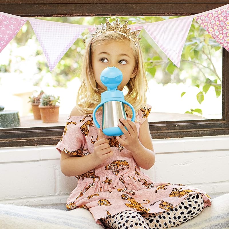 Cool Cat Sippy Cup for Toddlers, Stainless Steel Straw Cup, 8 Ounce, Blue
