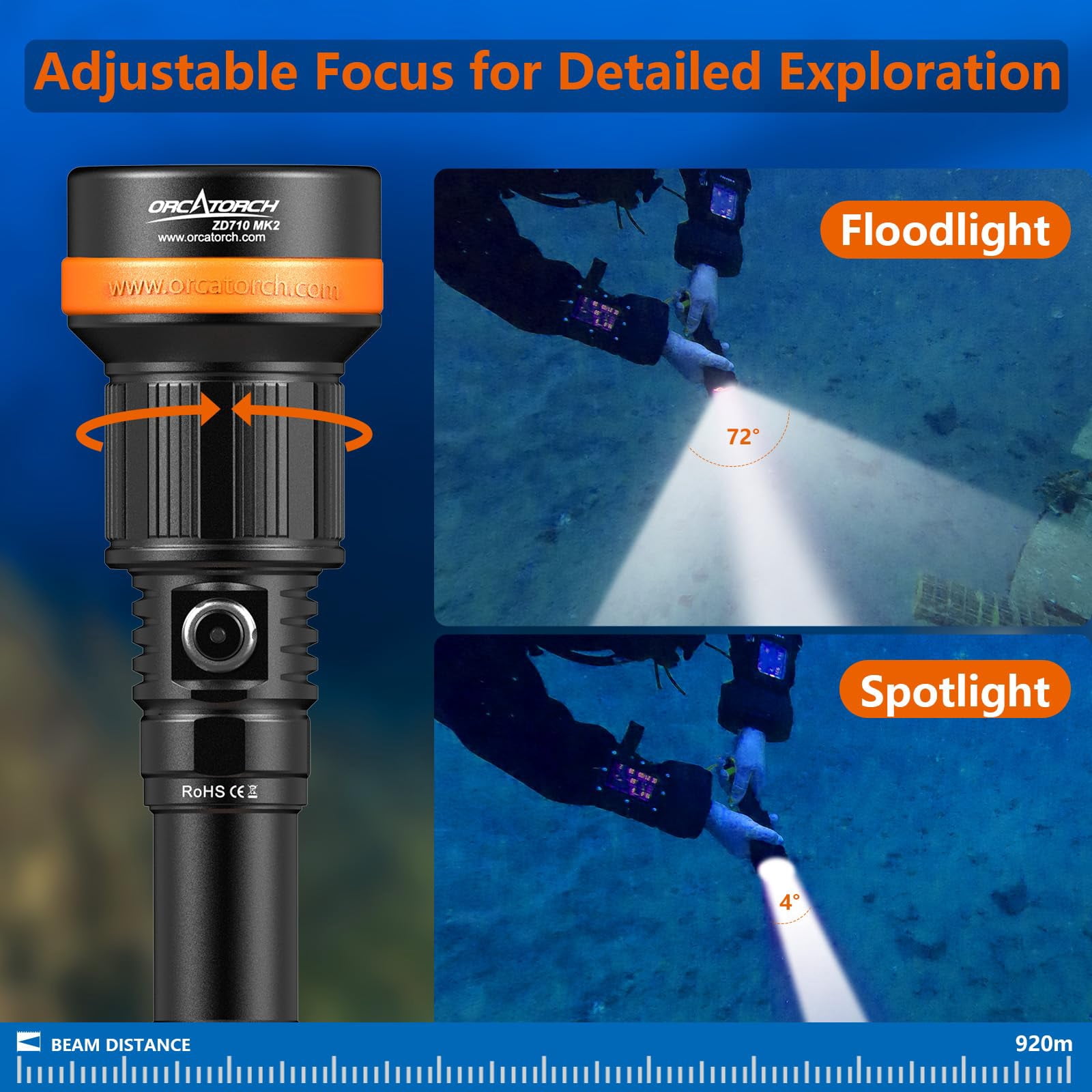 ORCATORCH ZD710 MK2 Zoomable Beam Rechargeable Scuba Diving Flashlight with Spare Battery