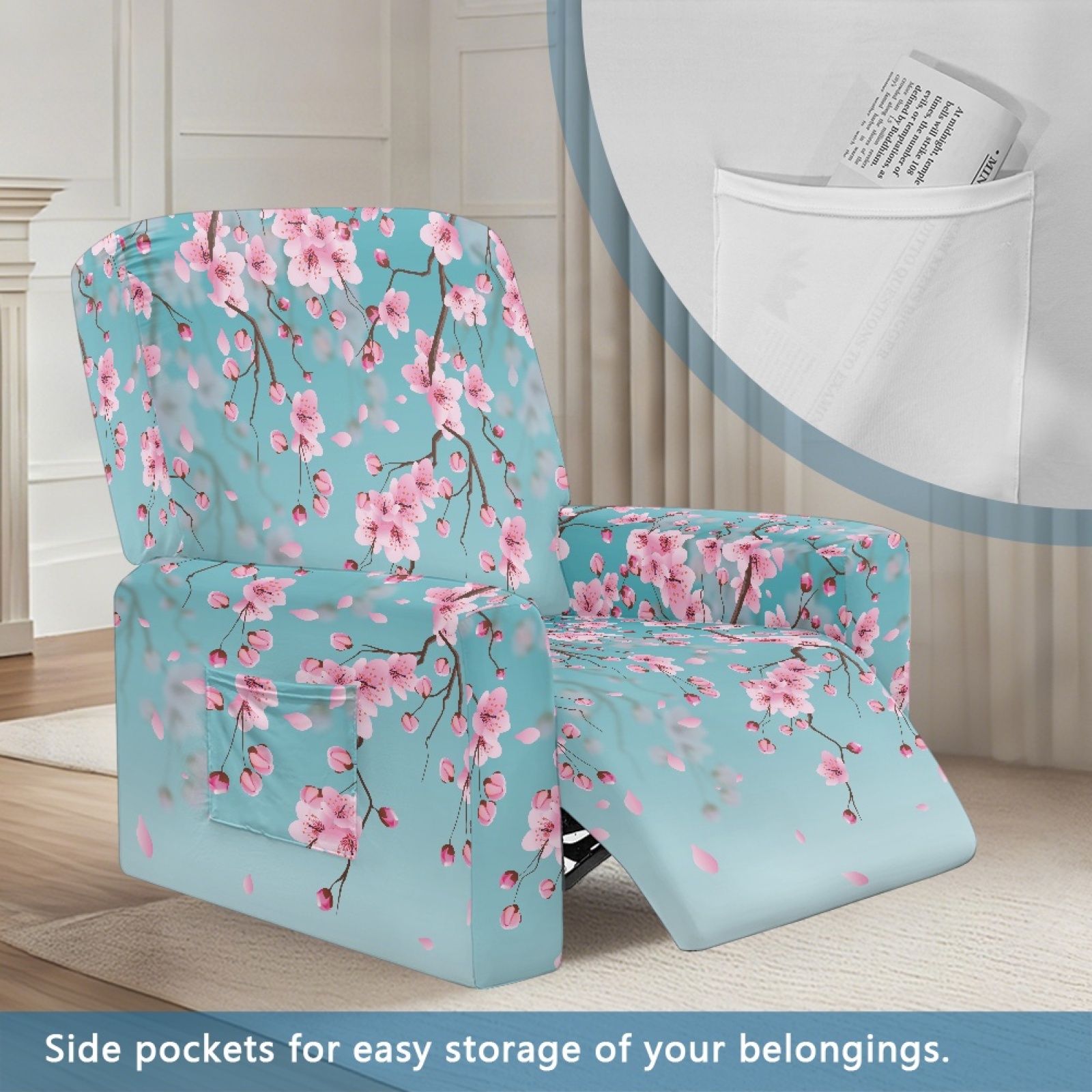 Xoenoiee Blue Cherry Blossom Print Recliner Cover 4 Pieces Lazy Boy Chair Covers Breathable Recliner Sofa Slipcover Anti-Slip Fitted Furniture Protector with Elastic Bottom