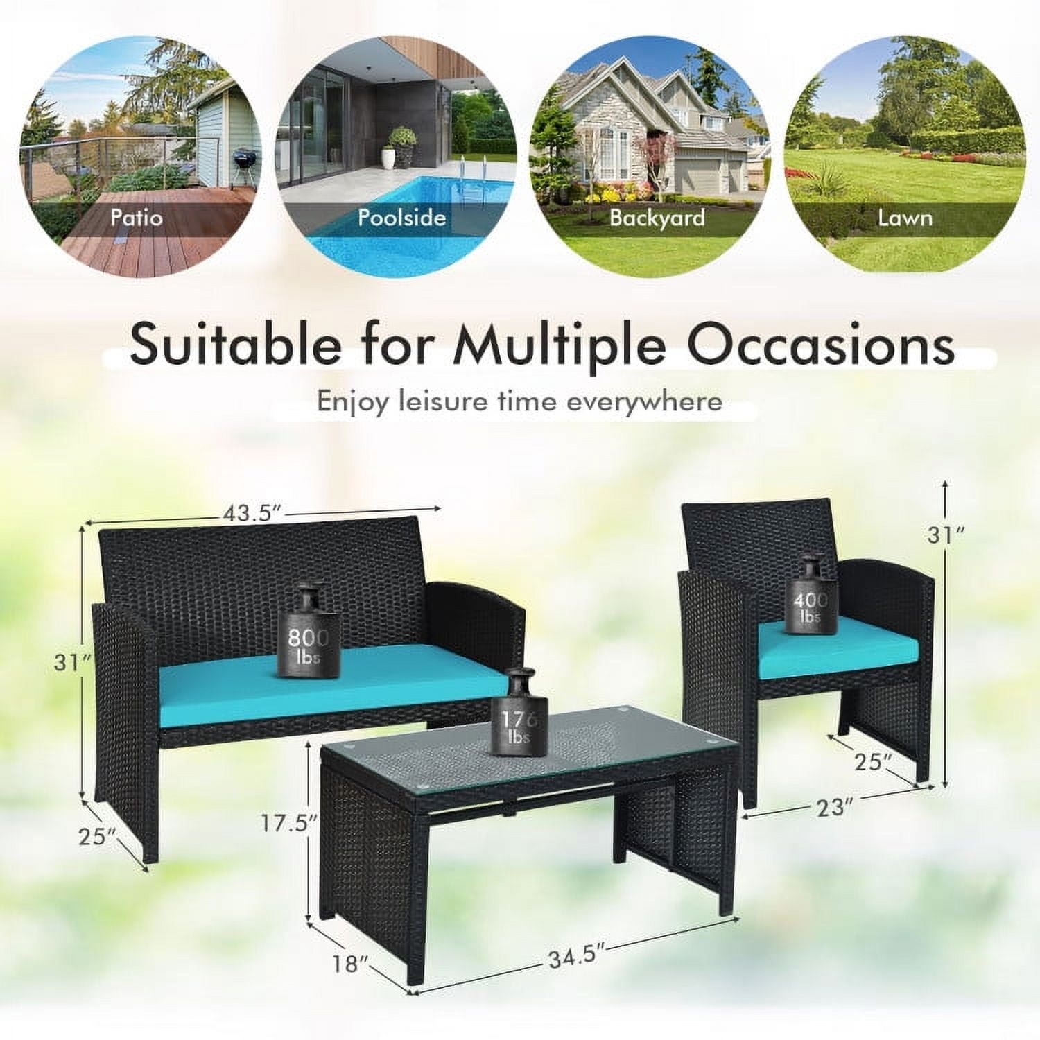 Aimee Lii 4 Pieces Wicker Patio Furniture Set with Cushions, Wicker Outdoor Sectional with Weather Resistant Cushions and Tempered Glass Tabletop, Turquoise Aimee Lii 4 Pieces Wicker Patio Furniture Set with Cushions, Wicker Outdoor Sectional with Weather Resistant Cushions and Tempered Glass Tabletop, Turquoise