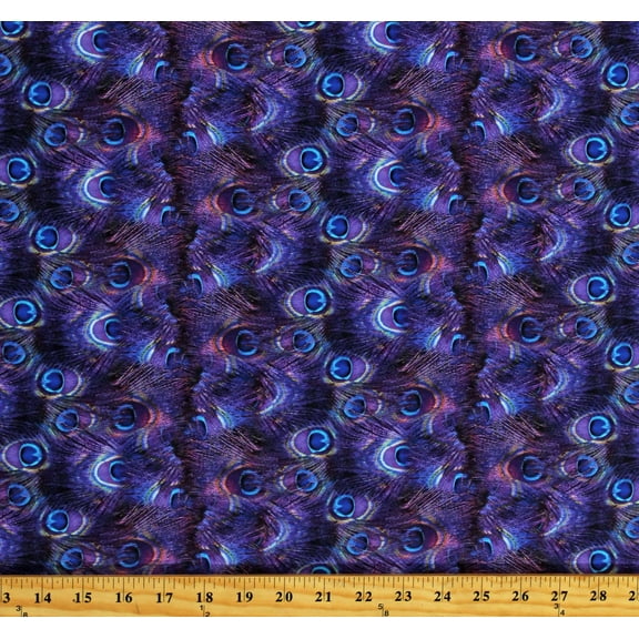 Cotton Peacock Feathers Plumes Plumage Purple Blue Birds Cotton Fabric Print by the Yard (119638)